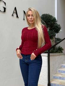 Cioccolato Pull slim avec col rond nervuré, avec décoration de boutons, style élégant et décontracté pour l'école. Convient pour les femmes.