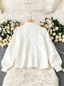 DreamSkyne 加大码女式纯色提花面料翻领灯笼袖休闲通勤时尚优雅复古浪漫衬衫，杏色 - 杏色 - 查看 4