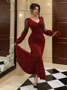 DAZY Robe de soirée élégante de haute qualité style sirène à col en V pour femmes, Jour de la Saint-Valentin - Rouge - Voir 6