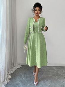 Elenzga Bộ trang phục nữ mùa thu sớm hẹn hò, phù hợp cho mùa tựu trường, trang phục giáo viên, phong cách Trung Đông, thanh lịch trưởng thành, công sở thường ngày, lãng mạn kiểu Pháp, váy midi dáng chữ A thắt eo đính hạt kiểu Hàn Quốc và áo khoác ngắn tay dài hai mảnh. - bơ xanh - Xem 1