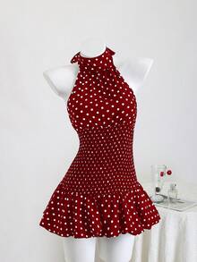 Elamini Black & White Polka Dot Halter Neck Waist Back Cutout Ruffle Hem Mini Dress, Elegant Romantic Cute For Vacation, Beach, Daily Wear, Date, Summer - Red - View 4