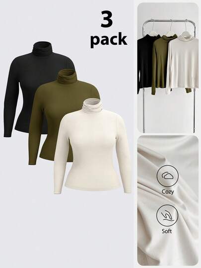SHEIN BASICS Conjunto de 3 camisetas informales de punto de color liso, ajustadas, de manga larga y cuello alto, de corte regular y talla grande