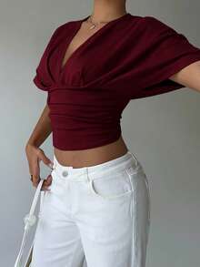 Aloruh Áo thun nữ tay ngắn cổ chữ V sâu, xếp ly, dáng rộng, kiểu quấn, cổ chữ V màu đỏ, áo croptop nữ, áo thường ngày nữ, áo nữ, áo tay ngắn nữ. - Màu Đỏ Sâu - Xem 6