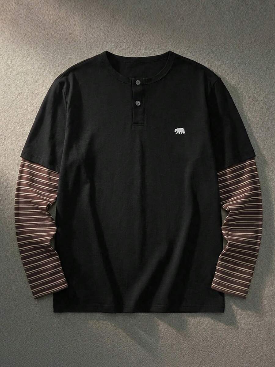 ESTAVOR Men's Henley Neck Long Sleeve Tee 2 In 1 Stripe Sleeves Soft Bear Embroidery Men's Patchwork Top Long Sleeve Men's Long Sleeve Henley - Black - View 1