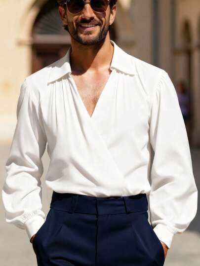 Manfinity AFTRDRK Camisa de manga larga casual/de negocios con solapa de unicolor para hombres, ideal para vacaciones en Italia o Grecia, camisas blancas para hombres, blusas casuales de negocios para hombres, adecuadas para ocio diario, viajes de fin de semana, actividades al aire libre, expediciones de viaje o entornos de trabajo relajados y ocasiones semi-formales