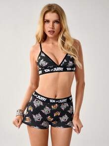 TOM & JERRY X SHEIN Conjunto de sujetador y pantie suave y cómodo con estampado de letras en toda la prenda para mujer - Negro - Ver 4
