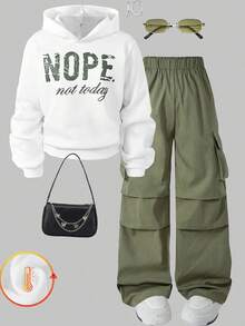 SHEIN ChillGRL 2pcs Tween Girl Letter Print Hoodie + Green Military Style Cargo Pants Set, Casual Streetwear Outfit, Autumn/Winter, School, Campus, College - White - View 1