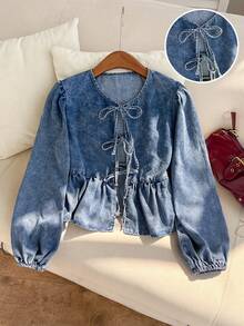 Comfortcana 女士蓝色牛仔褶边上衣，长灯笼袖系带V领荷叶边下摆泡泡袖牛仔衬衫，优雅女士衬衫，休闲女装，女士休闲衬衫 - 中等水洗藍 - 查看 1