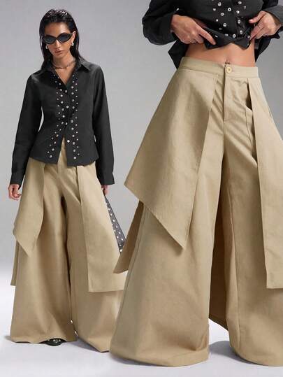 SHEIN EZwear 大码女式卡其色纯色不对称宽松长裤，秋冬款