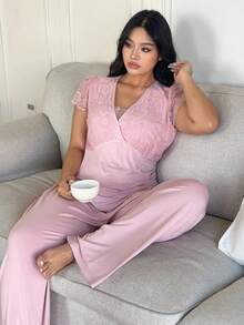 Dazy Plus 2pcs Contrast Lace Elastic Fitted Short Sleeve Top And Loose Straight Pants Pajama Set, Pink, Spring/Summer - Pink - View 4