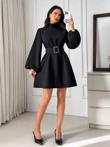 EURMUSE Mock Neck Trumpet Sleeve Belted Dress - Black - View 4