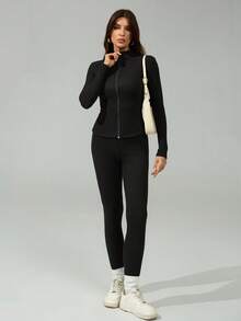 SHEIN Tall 2pcs Women New Knit Thermal Lined Fitted Mockneck Zip-Up Jacket And Base Layer Pants Set - Black - View 8