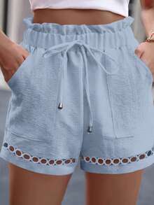 EMERY ROSE 2025 Plus Size Women's Summer Lace Trim Waist Tie Pocket Casual Shorts - Blue - View 1
