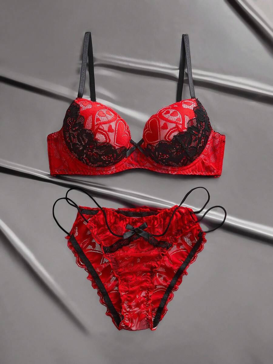 EmpressEnvy 粉色和黑色蕾丝内衣套装，镂空钩编工艺，性感细肩带设计，亲肤贴身 - 紅色 - 查看 1