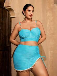 Swim Oasis 大码女式夏季沙滩纯色褶皱串珠吊带时尚比基尼套装，配同款迷你裙 - 藍色 - 查看 5