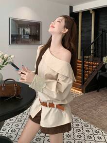 DAZY Blusa a maniche lunghe con spalla asimmetrica, stile coreano, colore unito, look femminile e fresco, scollo a spalla scoperta per donna - Albicocca - Visualizzare 7