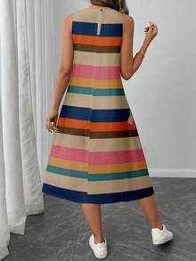 SHEIN LUNE Vestido casual de mujer de longitud media con estampado de bloques de color a rayas, adecuado para primavera/verano - Multicolor - Ver 2