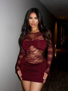 Shopreo Women's Backless Lace Sexy Mini Dress, Wine Red, For Spring/Summer Holiday - Burgundy - View 5