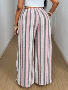 Maweii Quần ống rộng dáng suông thoải mái kẻ sọc dành cho nữ cỡ lớn, thắt eo, kiểu dáng thường ngày. - Nhiều màu - Xem 2