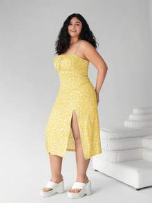 Solflare 大码女装、沙滩女装、波西米亚风、春季服装、假日派对大码连衣裙、夏威夷风女装、休闲女装、吊带印花开衩下摆休闲连衣裙 - 黃色 - 查看 4