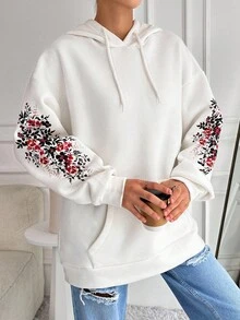 EURMUSE Cotton Women's Floral Printed Pocket Drawstring Hoodie With Drop Shoulder And Fleece Lining