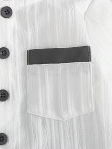 SHEIN Vintaside Kids 男婴立领短袖衬衫套装（2件套），纽扣设计，贴袋T恤上衣搭配松紧腰短裤，休闲复古宽松舒适套装，夏季新品 - 灰色 - 查看 8