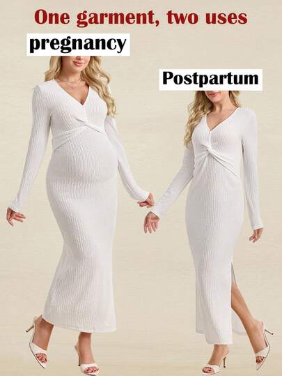 SHEIN 孕妇纯色扭结设计长袖修身V领优雅连衣裙