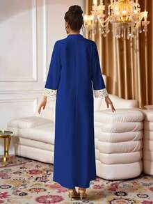 SHEIN Najma Women's Elegant Arabic Calligraphy, Star, Moon & Lantern Digital Print V-Neck Long Sleeve Spring Arabic Style Dress Kaftan Jalabiya Dress - Multicolor - View 2