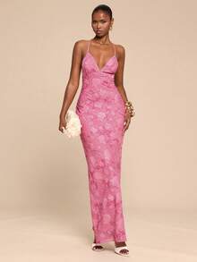 SHEIN BAE 粉色花卉亮片纹理露背吊带连衣裙，适合情人节、度假、春夏穿着 - 粉色 - 查看 5