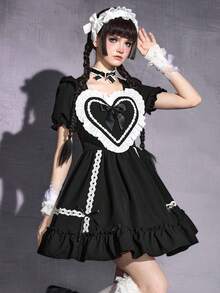 ROMWE Goth 女士哥特式爱心A字荷叶边洛丽塔连衣裙 - 黑色 - 查看 7