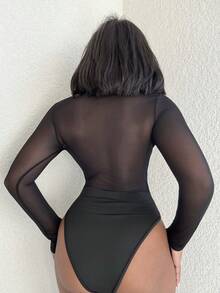 Alexandranx Women's Sexy Deep V-Neck Mesh Contrast Bodysuit, Autumn - Black - View 2