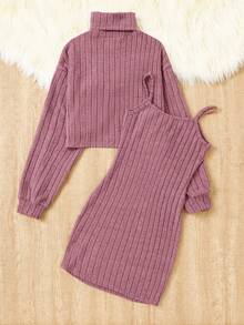 SHEIN Bộ 2 chiếc áo thun dài tay dệt kim họa tiết dành cho thiếu nữ, thoải mái và đa năng, phù hợp mặc ở nhà và ngoài trời. - Hồng - Xem 2