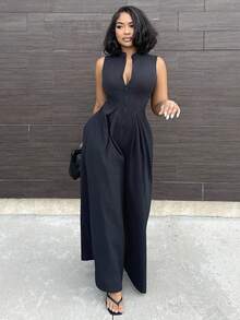 Alexandranx Extreme Wide Leg Zip Front Sleeveless Jumpsuit - Black - View 6