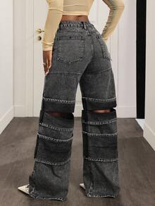 Slaydiva Women's High Waist Pockets Wide Leg Loose Casual Versatile Jeans - Dark Grey - View 2