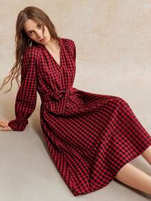 EMERY ROSE 女士红色格子系带极简连衣裙，秋冬款 - 棕色 - 查看 1