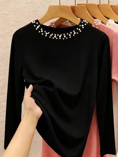Franclia 大码优雅通勤珍珠装饰纯色长袖T恤