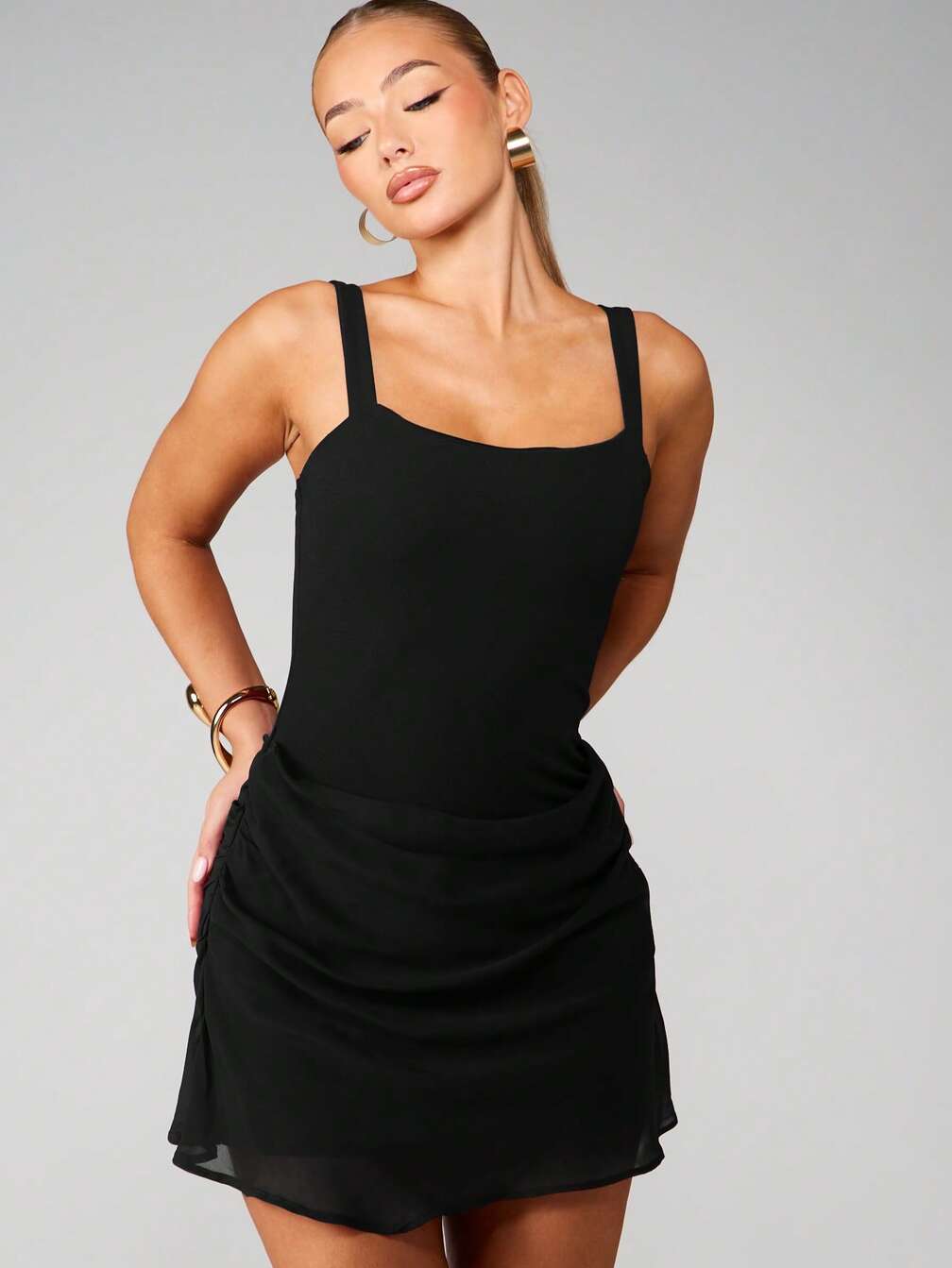 ruched square neck mini dress Shea Square Neckline Ruched Mini Dress Soft Olive