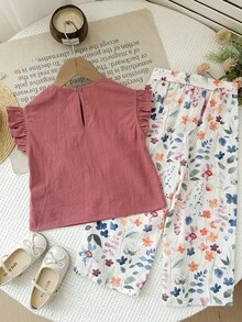 LMoss Kids 两件套少女纯色圆领荷叶边休闲衬衫和碎花裤套装 - 彩色 - 查看 2