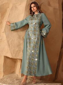 Al Najma Elegant Sequin Embroidery Side Tie Fitted Flare Sleeve Dress Kaftan Jalabiya Dress - Green - View 4