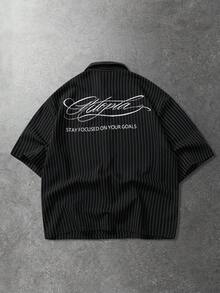 ROMWE MEN Men's Casual Street American Striped English Print Short Sleeve Shirt - Black - View 3