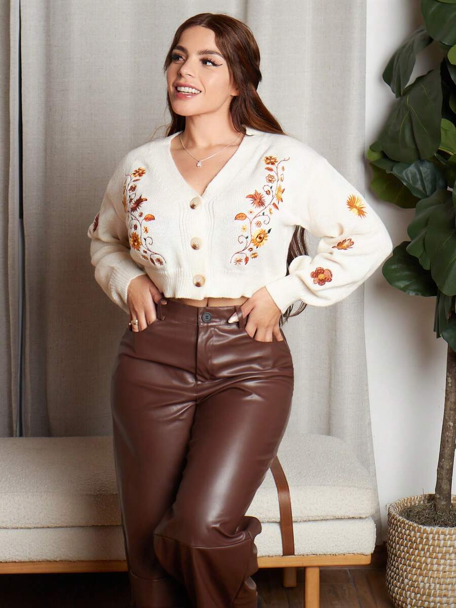 Lupita Cardoza Cottagecore 女士波西米亚刺绣开衫、长袖上衣 - 杏色 - 查看 1