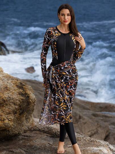 Swim Mulvari 3pcs Set: Long Sleeve Patchwork Swimsuit + Elastic Waist Pants + Mesh Cover-Up, Hot Selling Beach Vacation Outfit, Spring/Summer