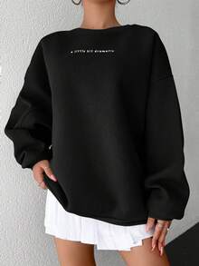 EURMUSE 100%Cotton Slogan Pattern Drop Shoulder Sweatshirt - Black - View 5