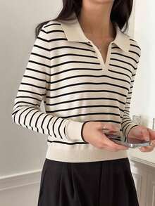Suéter de rayas para mujer con cuello en V y manga larga, ideal para primavera y otoño - Caqui - Ver 4