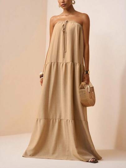 Zivah 2026 Spring/Summer New Arrival Music Festival, Easter, St. Patrick's Day, Valentine's Day, Date, Western, Nomadic, Birthday Party, Graduation, College, Student, Daily Casual, Versatile, Leisure, Cruise Travel, Beach, Sunbathing, Viral , Streetwear, Wedding Guest Boho, Commute, Brunch, Airport, Party, Holiday Outing, Office Wear Strapless Maxi A-Line Ruffle Hem Elastic Waist Flowy Linen Dress