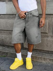 Manfinity EMRG Men's Light Blue Washed Vintage Distressed Loose Casual Denim Shorts - Light Grey - View 10