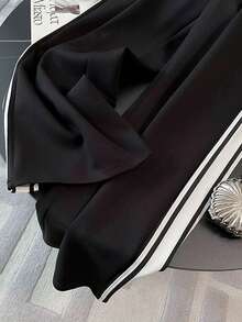 Resyla 修身立领插肩短袖开衫上衣 + 休闲长裤套装 - 黑色 - 查看 5