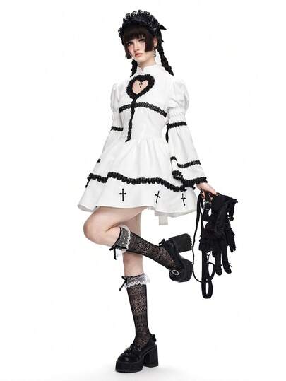 Goth Gotisches Herz Kreuz A-Linie Kontrast Spitzenbesatz Weiß Lolita Kleid