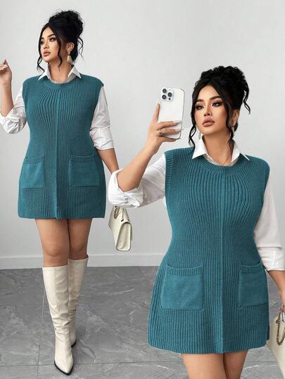Elenzga Plus Size Women Loose Knit Crew Neck Casual Sleeveless Sweater Vest With Large Pockets, Solid Color, Autumn/Winter Sweater Vest For Women Vest Dress Knitted Dress For Women