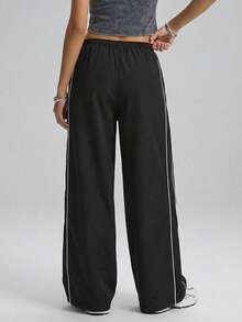 SHEIN EZwear 街頭風格休閒寬腿顏色拼塊及磨邊裝飾女士踝長褲 - 黑色 - 查看 2